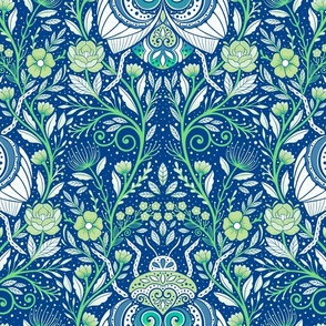  Floral beetle garden with beautiful motifs  - green and blue -  home decor - wallpaper - elegant - whimsical _ monochrome 