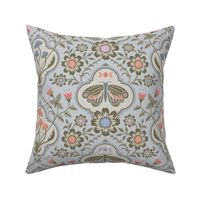 Intangible mushrooms and moths quatrefoil floral - orange & olive green on soft dusty blue - cottagecore  - mid-large