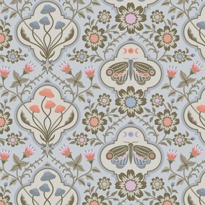 Intangible mushrooms and moths quatrefoil floral - orange & olive green on soft dusty blue - cottagecore  - mid-large