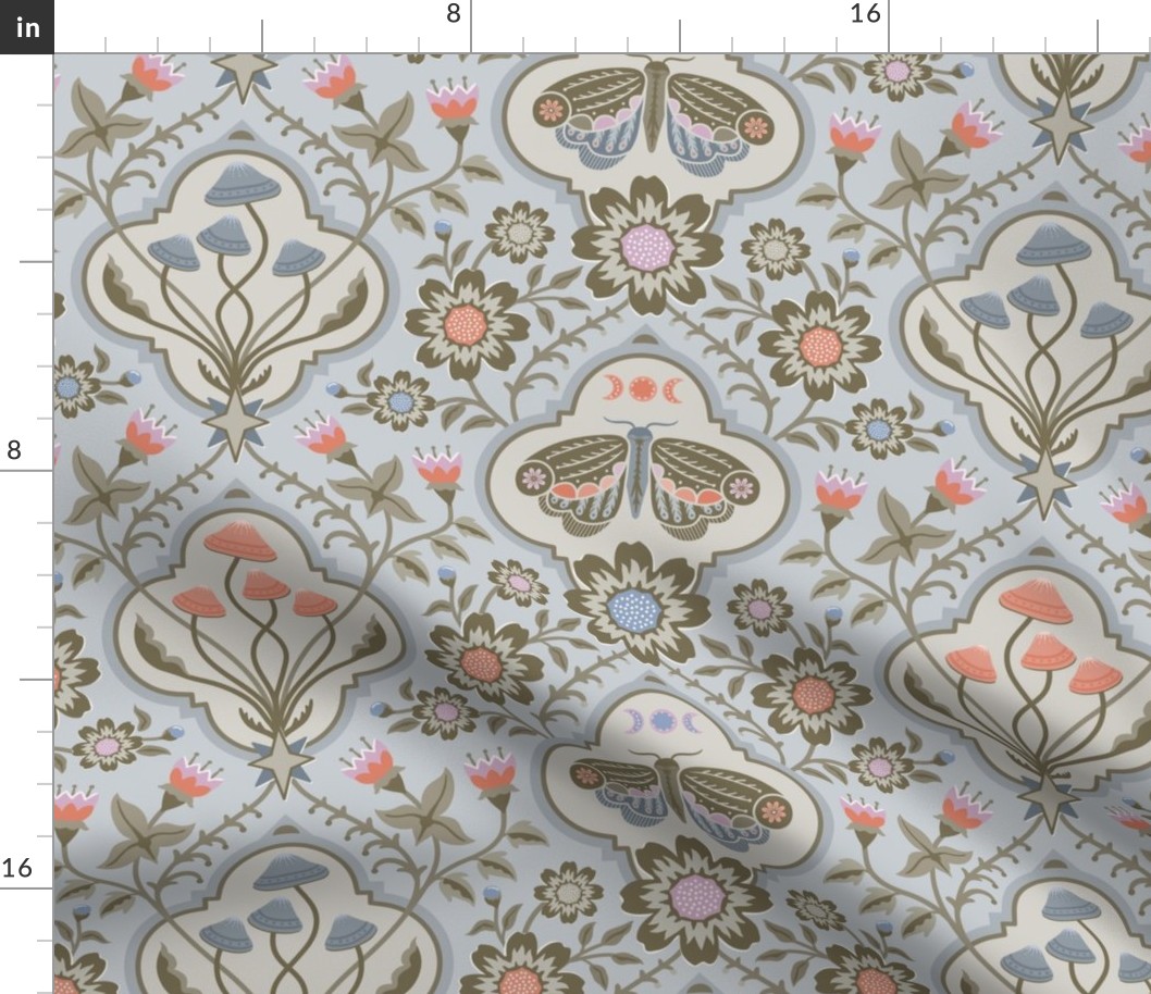 Intangible mushrooms and moths quatrefoil floral - orange & olive green on soft dusty blue - cottagecore  - mid-large