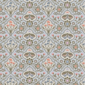 Intangible mushrooms and moths quatrefoil floral - orange & olive green on soft dusty blue - cottagecore  - small