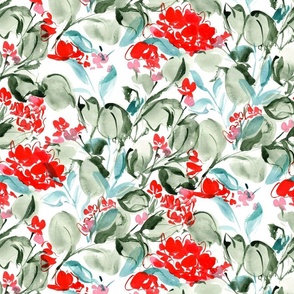 Holiday watercolor Florals in aqua and scarlet- medium scale