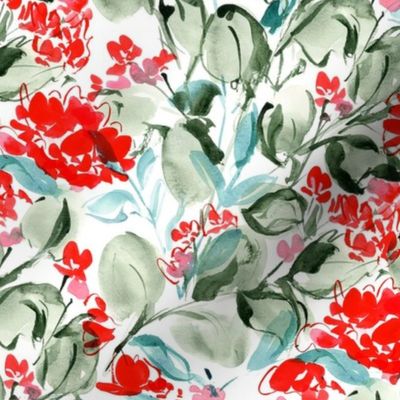 Holiday watercolor Florals in aqua and scarlet- small scale