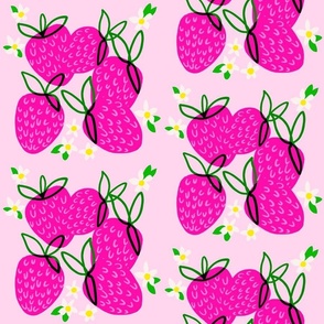 Strawberry Blossoms Hot Pink Berry Mini Retro Modern Floral Mid-Century Pastel Kitchen Fruit Berries Blooms Illustration Pattern