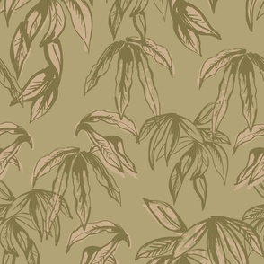 LARGE VINTAGE BOHO WINTER TROPICAL PALM LEAVES-EARTHY KHAKI GREENS