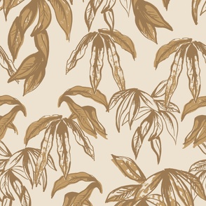 LARGE VINTAGE BOHO WINTER TROPICAL PALM LEAVES-NEUTRALS EARTH BROWNS