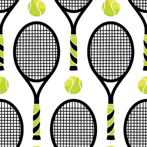 Tennis rackets and tennis balls - black on white