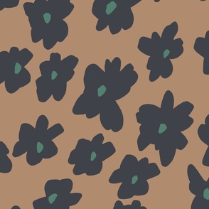 MODERN HAND DRAWN BRIGHT DITSY DAISY FLOWERS IN TAN BROWN, BRIGHT GREEN AND BLACK