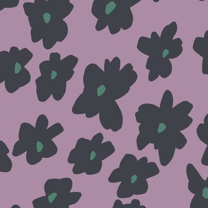 MODERN HAND DRAWN BRIGHT DITSY DAISY FLOWERS IN LILAC PURPLE, BRIGHT GREEN AND BLACK