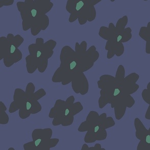 MODERN HAND DRAWN BRIGHT DITSY DAISY FLOWERS IN NAVY BLUE, GREEN AND BLACK