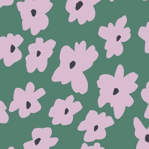 MODERN HAND DRAWN BRIGHT DITSY DAISY FLOWERS IN GREEN, PURPLE AND BLACK