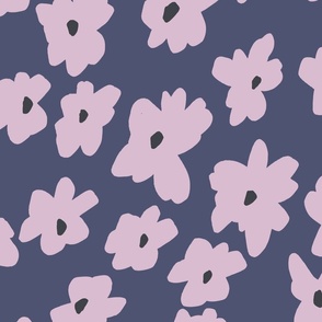 MODERN HAND DRAWN BRIGHT DITSY DAISY FLOWERS IN NAVY BLUE, PURPLE AND BLACK