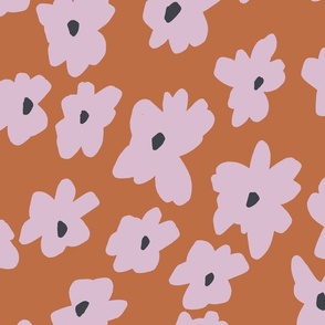 MODERN HAND DRAWN BRIGHT DITSY DAISY FLOWERS IN BROWN, PURPLE AND BLACK