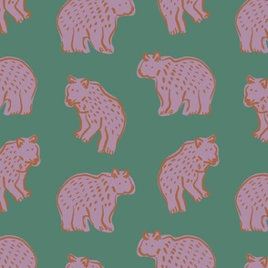 HAND DRAWN NATURE WOODLAND ANIMAL BEARS IN GREEN, BROWN AND MAUVE PINK