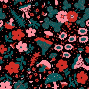 Whimsical Woodland Walk Floral in Black + Red