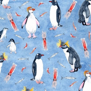Penguins on Pale Blue Watercolour / LARGE 24"
