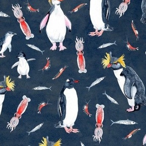 Penguins Pattern on Dark Blue Watercolour / SMALL 12"