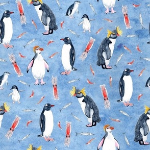  Penguins on pale blue watercolour / SMALL 12"