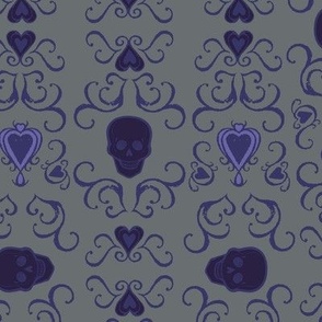 Macabre gothic Halloween design with skulls and hearts in purples , lilac and grey “Death becomes us”