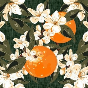 Dark Green Background Summer Orange Blossom Flowers, Botanic Nature Print Hand Drawn Floral Art  for Moody Decor
