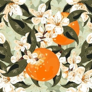 Botanical Summer Fruit Pattern, Orange Blossom Floral, Small Cream White Flowers, Leafy Green Foliage on Apple Green
