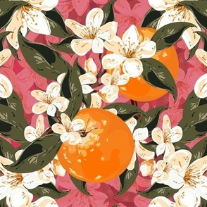 Summer Fruits on Pink, Clementine Orange Blossom, Small Cream White Flowers Floral Art Illustration on Green, Orange and Pink