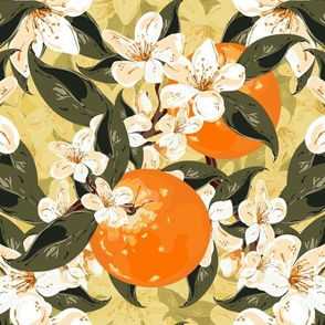 Hand Drawn Spring Flower Orange Blossom, Botanic Art Illustration, Artistic Hand Drawn Fruits Pattern on Yellow and Green