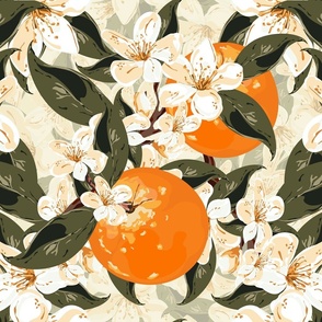 Oranges and Blossom Botanic Garden Fruit Illustration, Modern Wedding Wall Spring Flowers, Cream and White Floral
.
L
