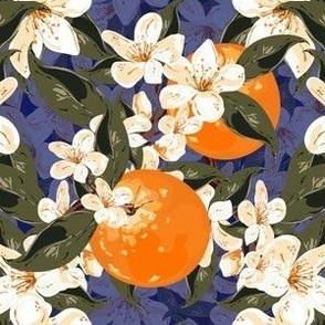 Colorful Clementine Orange Floral, Scattered Spring Flower Garden, Cottagecore Orange Blossom  Buds on Green Midnight Blue

