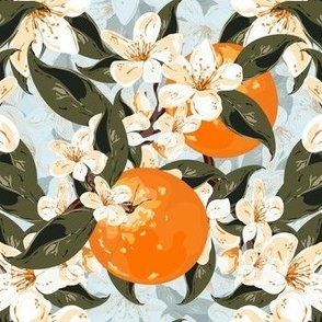 Painterly Blossom Flowers, Orange Blossom Pattern, Cream White Flowers, Leafy Green Foliage on Pale Azure Blue