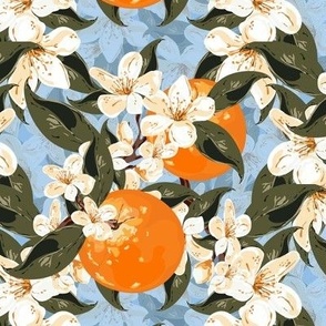Tropical Botanical Fruits Orange Blossom Flowers, Vibrant Busy Floral Design in Gorgeous Orange Blue Cream White Green