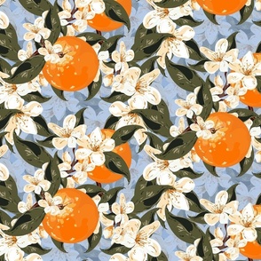 Clementine Orange Blossom, Hand Drawn Botanic Garden Illustration, White and Cream Little White Flowers and Dark Green Foliage on Blue