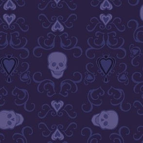 Gothic design, "Death becomes us " in purple and pinks with calligraphy style hearts. Swirls and skulls in purple and dark purple.