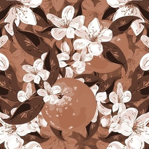 Floral Kitchen Garden Orange Blossom, Earthy Neutral Tones of Coffee and Brown, Small Spring Flowers Scattered Leafy Foliage