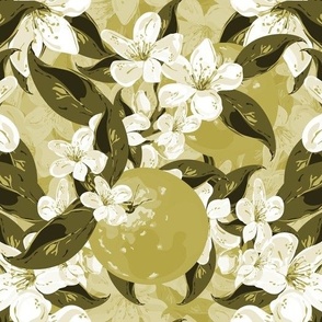 Spring Blossom Flowers Citrus Fruit Grove, Cottage Garden Orange Blossom, Colorful Monochrome Illustration in Shades of Apple Green and White, Fruit Blossom Citrus Orange Grove Garden, Apple Green Cottage Garden, Colorful Monochrome Fruit Grove Flowers