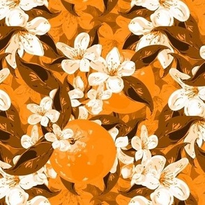 Orange Blossom Flowers Colorful Kitchen Fruits, Vibrant Summer Botanical Garden Floral, Monochromatic Shades of Orange and Brown