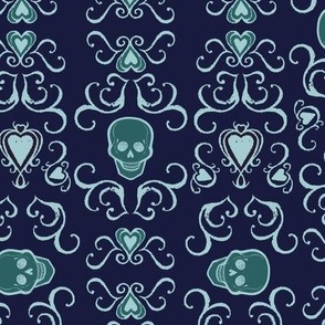 Skulls, swirls and hearts antique calligraphy style, gothic design, vampire chic in navy, green and light blue “Death becomes us”