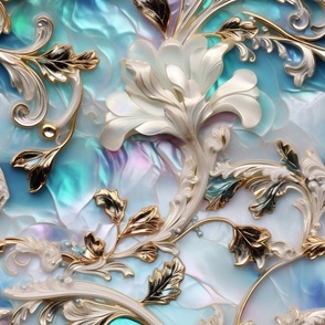 Mother of Pearl and Abalone Baroque Rococo Floral Print with Ornate Gold Look
