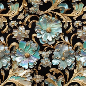 Baroque Print of Rococo Mother of Pearl and Abalone Rococo Floral with Ornate Gold Look on Obsidian Enamel Black