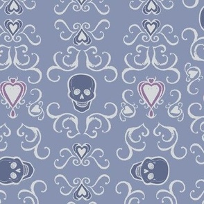 Gothic style design with skulls and calligraphy swirls and hearts, in dusty blues, light grey, lilac “Death becomes us”