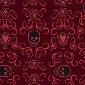 Macabre gothic Halloween design with skulls and hearts in red and black “Death becomes us”