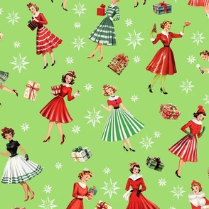 1950s Festive Women Vintage Christmas Art: Green Mid-Century Modern Girl with Atomic Retro Star, Red Striped Skirts & Christmas Presents - Lime Green Background
