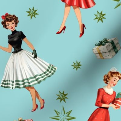 1950s Festive Women Vintage Christmas Design: Green Mid-Century Girl with Atomic Retro Star, Red Striped Skirts & Christmas Presents - Robin Egg Blue Backdrop