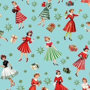 1950s Festive Women Vintage Christmas Design: Green Mid-Century Girl with Atomic Retro Star, Red Striped Skirts & Christmas Presents - Robin Egg Blue Backdrop