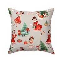Vintage 1950s Christmas: Retro Mid-Century Holiday Festive Girl in Red Dress, Tree, Presents on Lime Green Nostalgic Design
