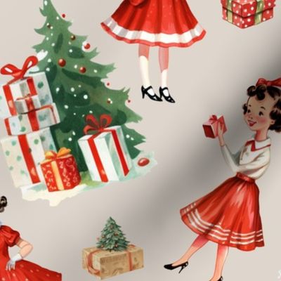 Vintage 1950s Christmas: Retro Mid-Century Holiday Festive Girl in Red Dress, Tree, Presents on Lime Green Nostalgic Design
