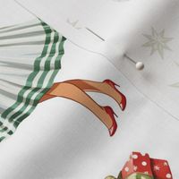 1950s Festive Women Vintage Christmas Creation: Green Mid-Century Girl with Green Atomic Retro Star, Red Striped Skirts & Christmas Gifts - Pristine White Backdrop