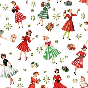 1950s Festive Women Vintage Christmas Creation: Green Mid-Century Girl with Green Atomic Retro Star, Red Striped Skirts & Christmas Gifts - Pristine White Backdrop