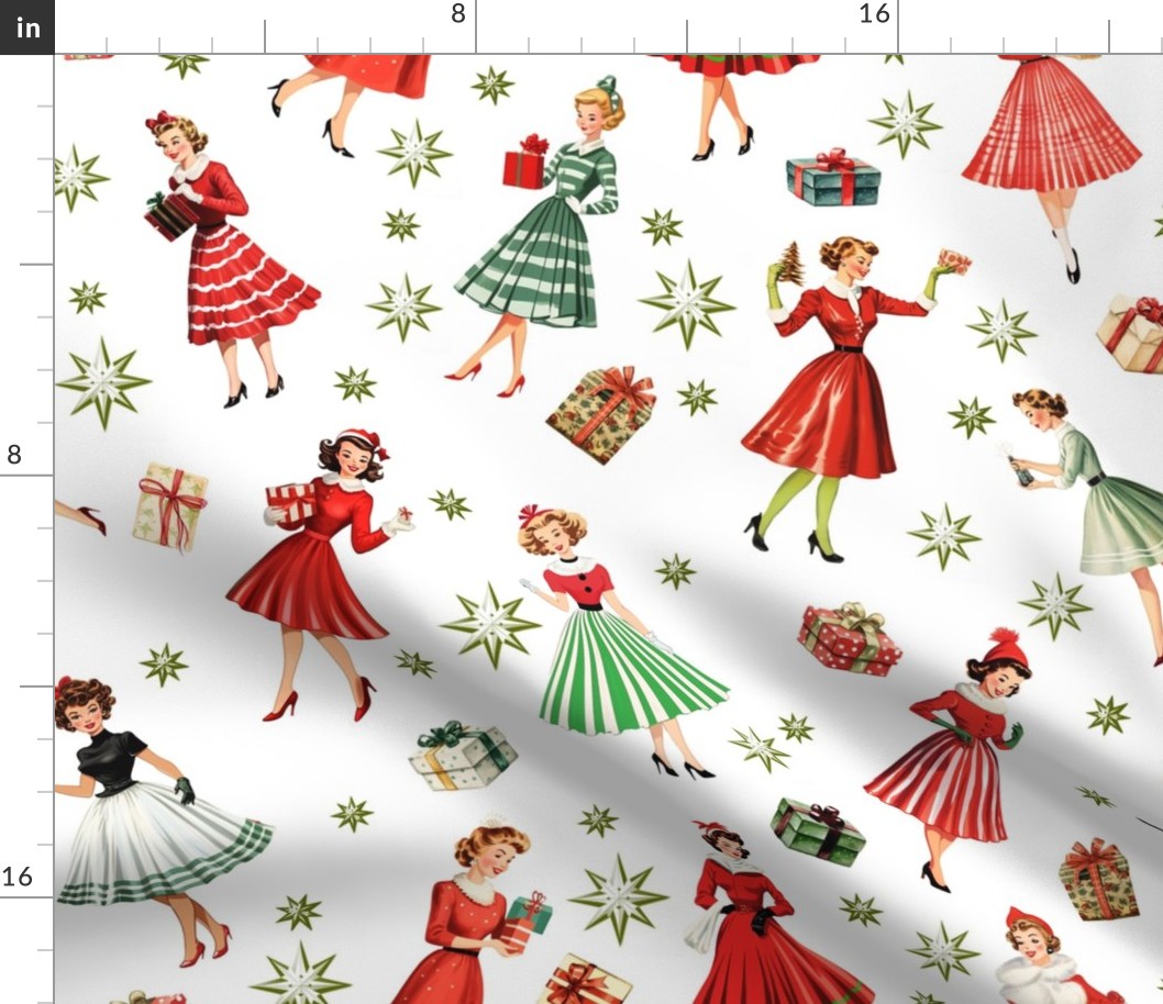 1950s Festive Women Vintage Christmas Creation: Green Mid-Century Girl with Green Atomic Retro Star, Red Striped Skirts & Christmas Gifts - Pristine White Backdrop