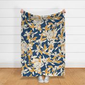 LARGE VINTAGE WHIMSY BOTANICAL BLOSSOM FLORAL ROYAL NAVY BLUE BASE WITH MUSTARD YELLOW AND OFF WHITE ECRU